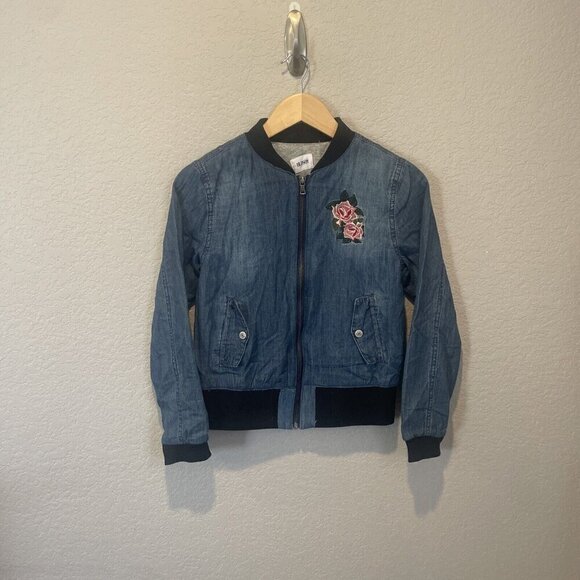 HUDSON Girls Size Large Denim blue Bomber Jacket Embroidered Rose Youth - Picture 2 of 11